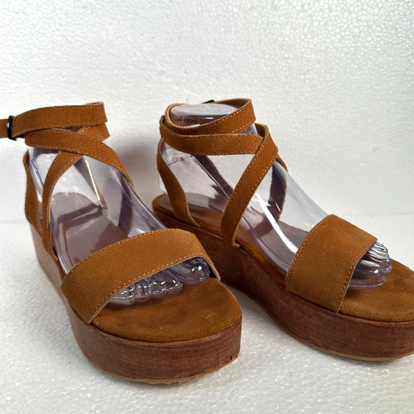 ABLE Platform Sandal Women's 7 Cognac Suede Leather Strappy Ankle 1.5" Heel - Picture 1 of 14